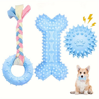 Lot de 3 jouets à mâcher en caoutchouc souple pour chiots pour la dentition – Ensemble d'os et de balle en corde durable avec nœud tressé, kit de jouets d'extérieur interactifs pour petits chiens, doux pour les gencives, jouets pour chiots