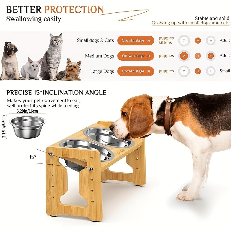 Mangeoire pour animaux de compagnie en bambou réglable et inclinée – Station de nourriture surélevée avec 2 bols en acier inoxydable pour chats et petits chiens