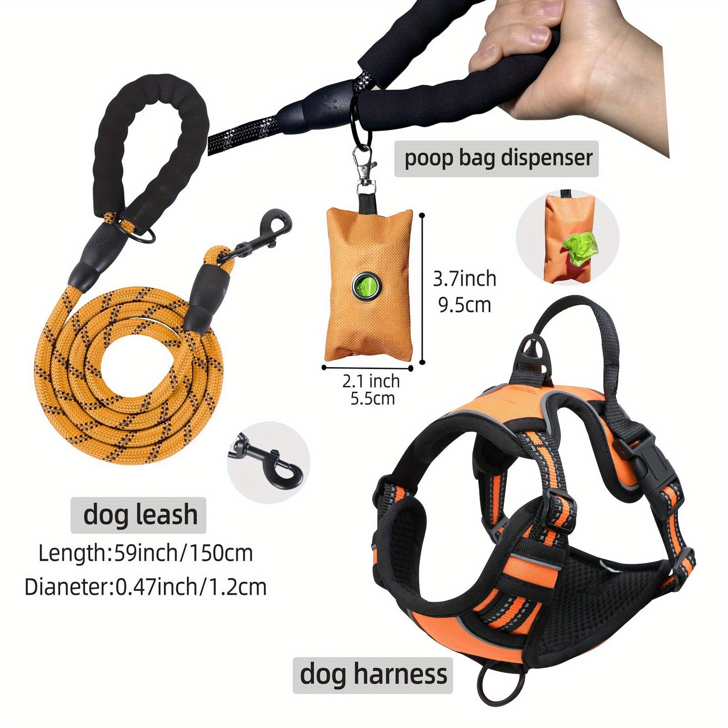 Ensemble de harnais anti-fuite pour chien 3 pièces avec laisse et distributeur de sacs à déjections canines – Réglable, réfléchissant et confortable pour chiens de taille moyenne et grande