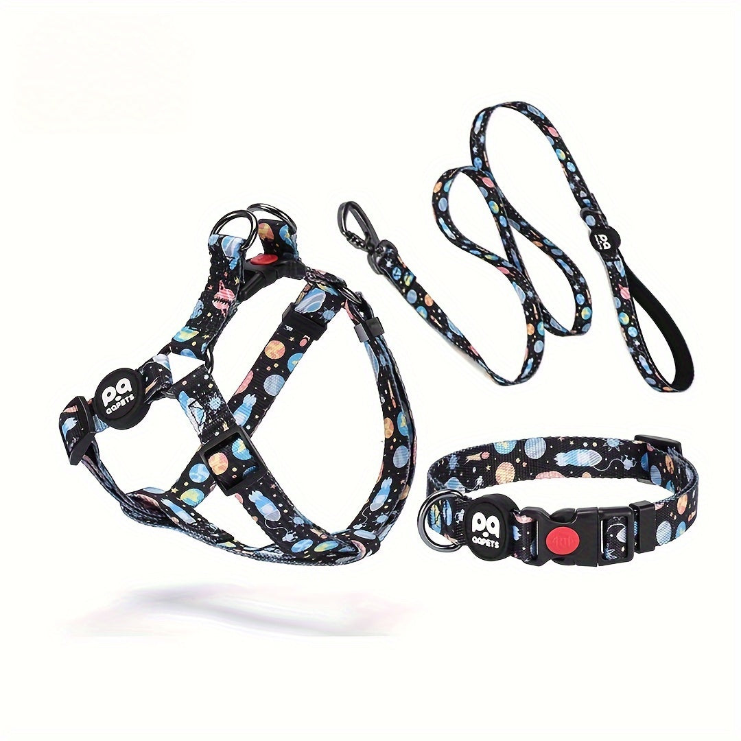 [Popular Choice] 3pcs Vibrant Space-Themed Dog Walking Set - Adjustable Polyester Chest & Shoulder Strap, Matching Collar with Leash - Handwash Only - Perfect for Stylish Pet Owners
