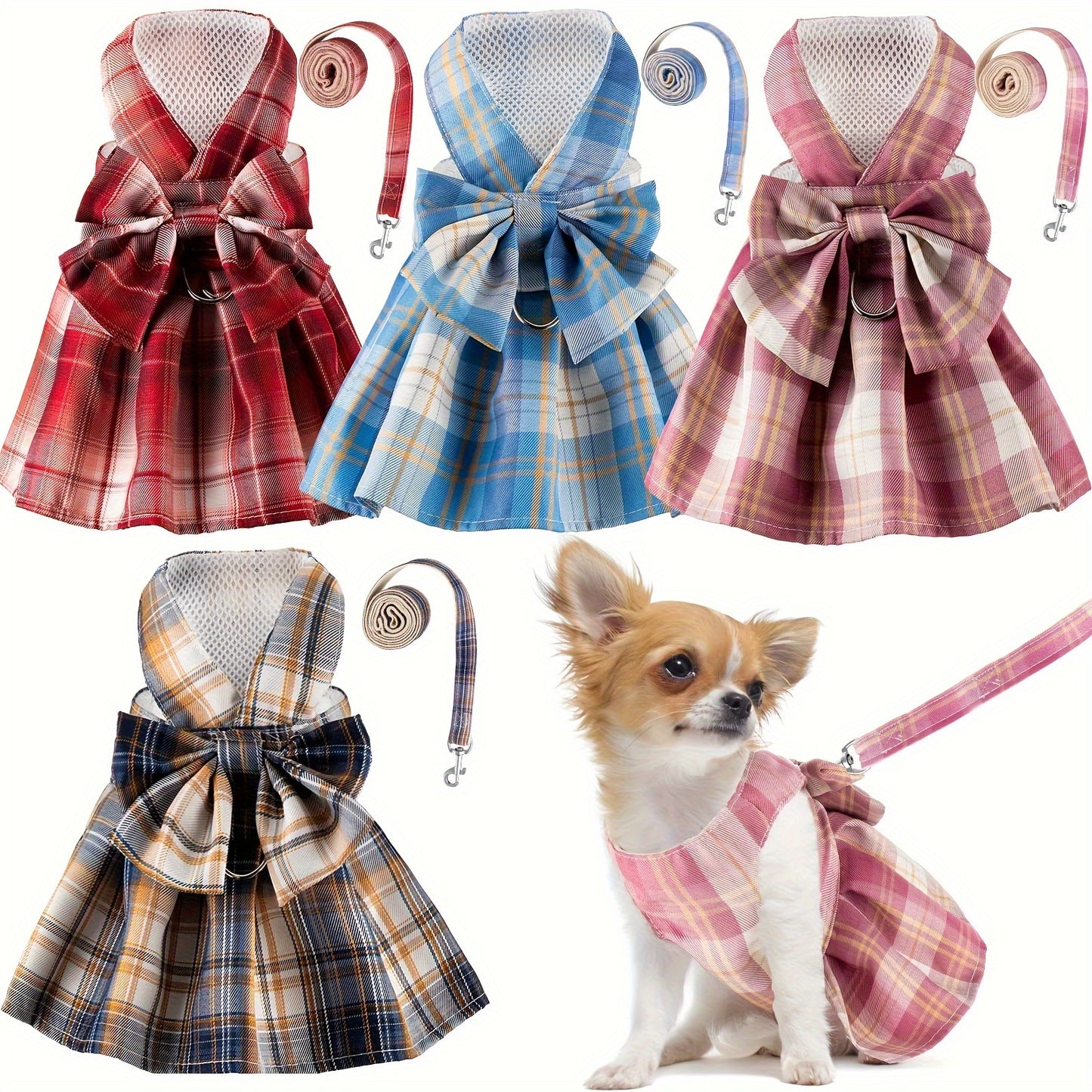 Ensemble robe pour animaux de compagnie avec nœud papillon et laisse pour petits chiens et chats - Jolie robe d'été princesse pour chihuahua, yorkshire - Lavage à la main uniquement, polyester tissé, pull toutes saisons pour animaux de compagnie 