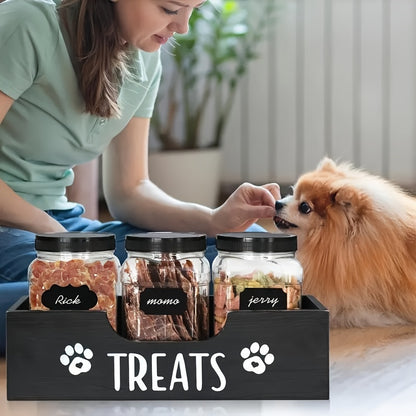 Porte-friandises en bois pour animaux de compagnie avec 3 bocaux hermétiques – Organisateur de style ferme pour le stockage des aliments pour chiens et chats